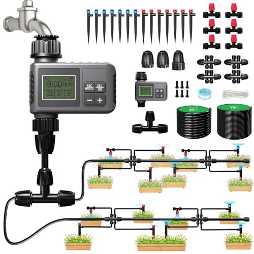 MQJIAZHI 124FT Drip Irrigation System with LCD Timer Kit