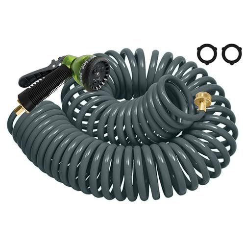 Coil Hose 25FT EVA Coil Garden Hose Kink-Free Spray Nozzle