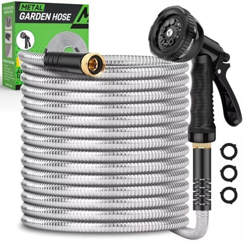 Garden Hose 50ft, Heavy Duty Stainless Steel No-Kink Nozzles